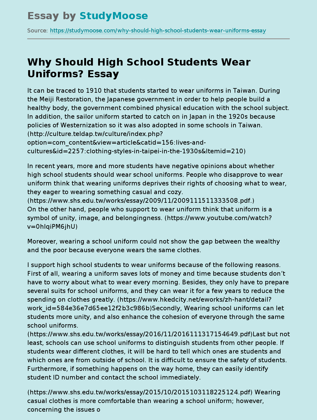 should high school students wear uniforms essay